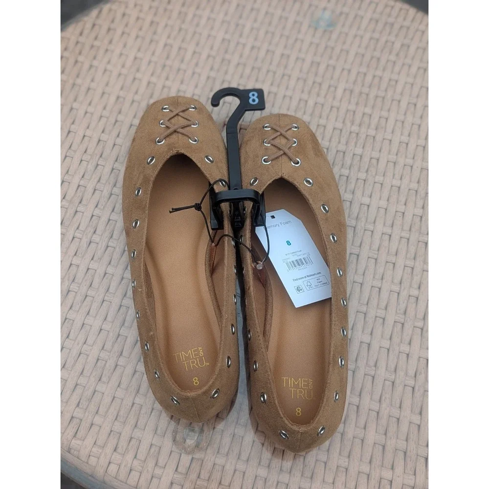 Balletcore Corset Lace Up Flats Time and Tru Size 8 Tan Grommet NWT